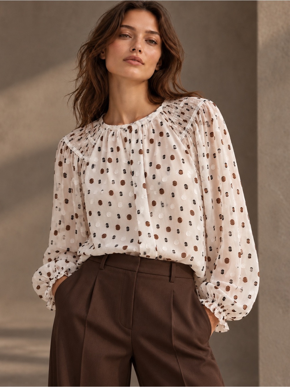 Current Air Los Angeles XS White Polka Dot Pleated Shoulder Blouse